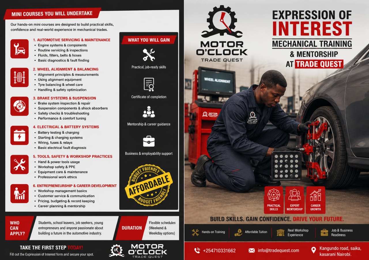 Expression of interest poster for mechanical training and mentorship at Trade Quest